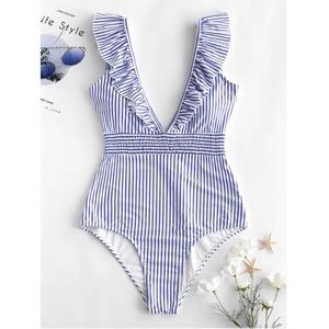 Zaful Blue Ruffle Stripe Swimsuit